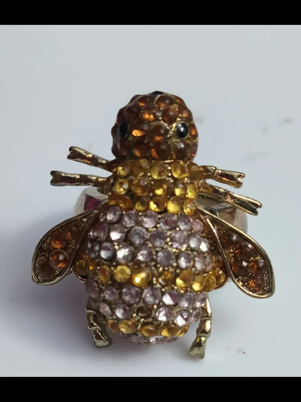 Gold-Tone Bee Cocktail Ring with Amber and Pink Crystals